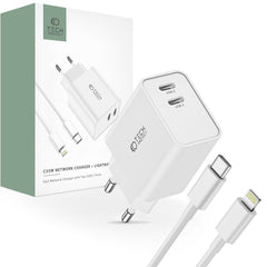 NETZLADEGERÄT FÜR HANDY UND TABLET TECH-PROTECT C35W 2-PORT NETZLADEGERÄT PD35W + LIGHTNING-KABEL WEISS