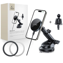 HANDYHALTERUNG FÜR DAS AUTO MIT DRAHTLOSEM LADEN TECH-PROTECT MM15W-V5 MAGNETISCHER MAGSAFE ARMATUREN- UND BELÜFTUNGSHALTER DRAHTLOSER LADEN 15W SCHWARZ/SCHWARZ