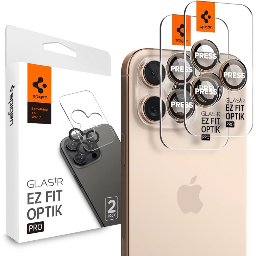SCHUTZGLAS FÜR DIE KAMERA LINSEN SPIGEN OPTIK PRO GLAS.TR "EZ FIT" KAMERA-SCHUTZ 2-PAKET IPHONE 16 PRO / PRO MAX WÜSTEN-TITAN