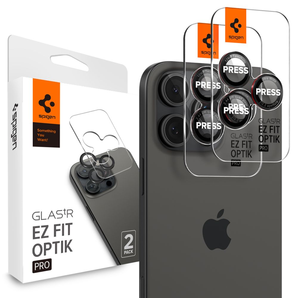 SCHUTZGLAS FÜR DIE KAMERA LINSEN SPIGEN OPTIK PRO L-SERIE GLAS.TR "EZ FIT" KAMERA-SCHUTZ 2-PAKET IPHONE 14 PRO / PRO MAX / 15 PRO / PRO MAX / 16 PRO / 16 PRO MAX SCHWARZ