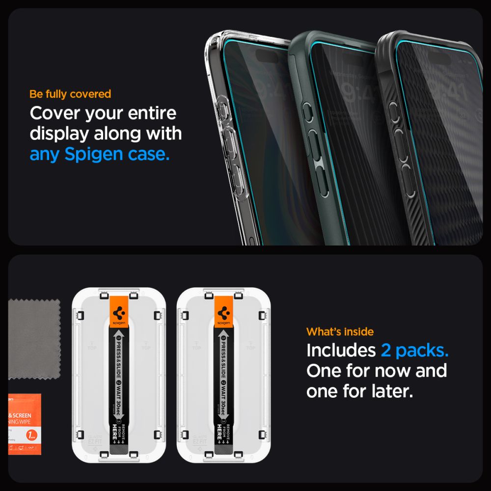 GEBROCHENES GLAS SPIGEN GLAS.TR "EZ FIT" 2-PACK IPHONE 15 PRIVATSPHÄRE