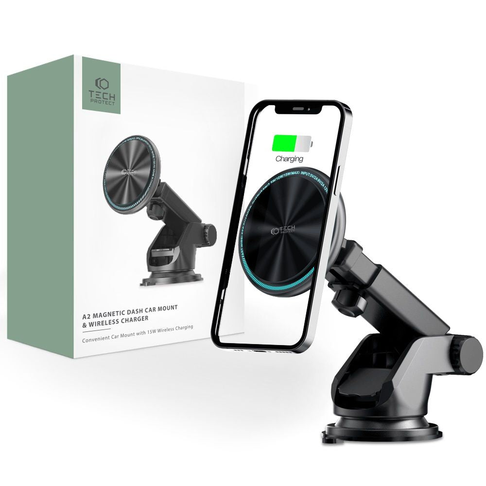 HANDYHALTERUNG FÜR DAS AUTO MIT DRAHTLOSEM LADEN TECH-PROTECT A2 MAGNETIC MAGSAFE DASH CAR MOUNT WIRELESS CHARGER 15W SCHWARZ