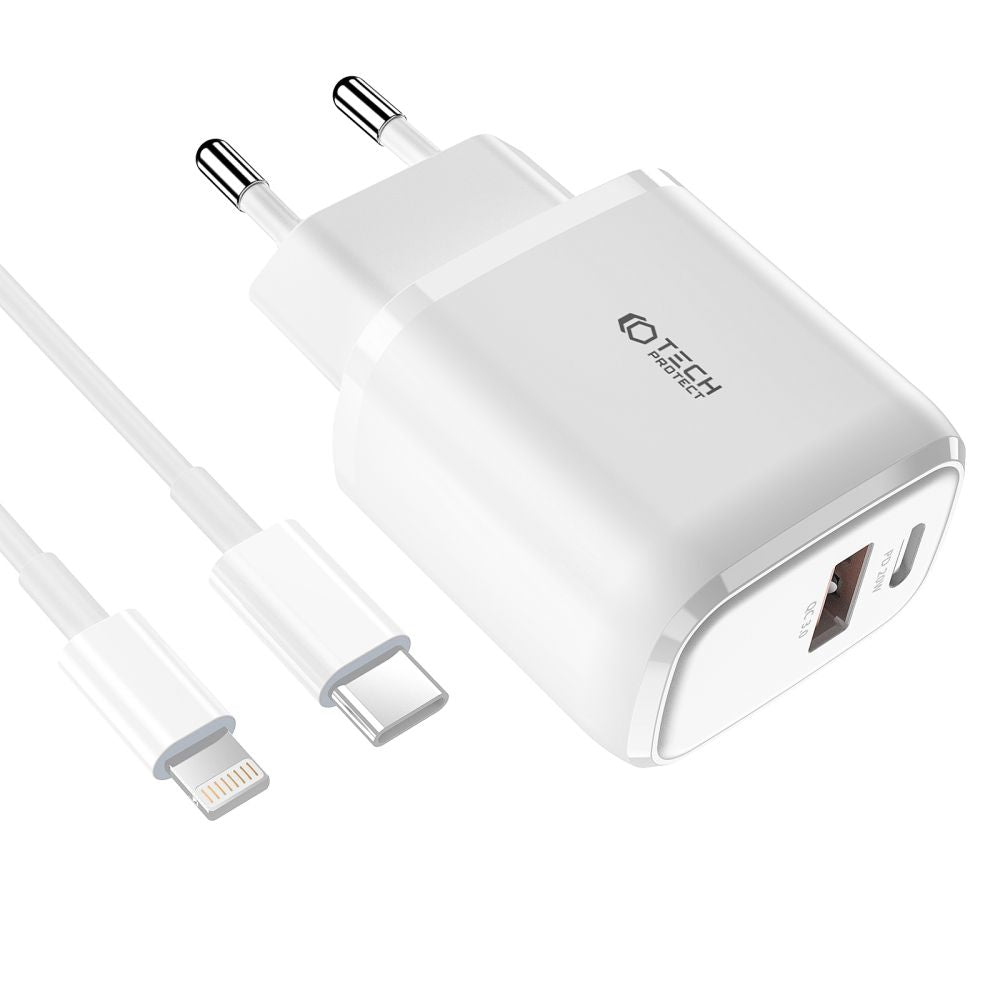 NETZLADEGERÄT FÜR HANDY UND TABLET TECH-PROTECT C20W 2-PORT NETZLADEGERÄT PD20W/QC3.0 + LIGHTNING-KABEL WEISS