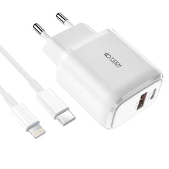 NETZLADEGERÄT FÜR HANDY UND TABLET TECH-PROTECT C20W 2-PORT NETZLADEGERÄT PD20W/QC3.0 + LIGHTNING-KABEL WEISS