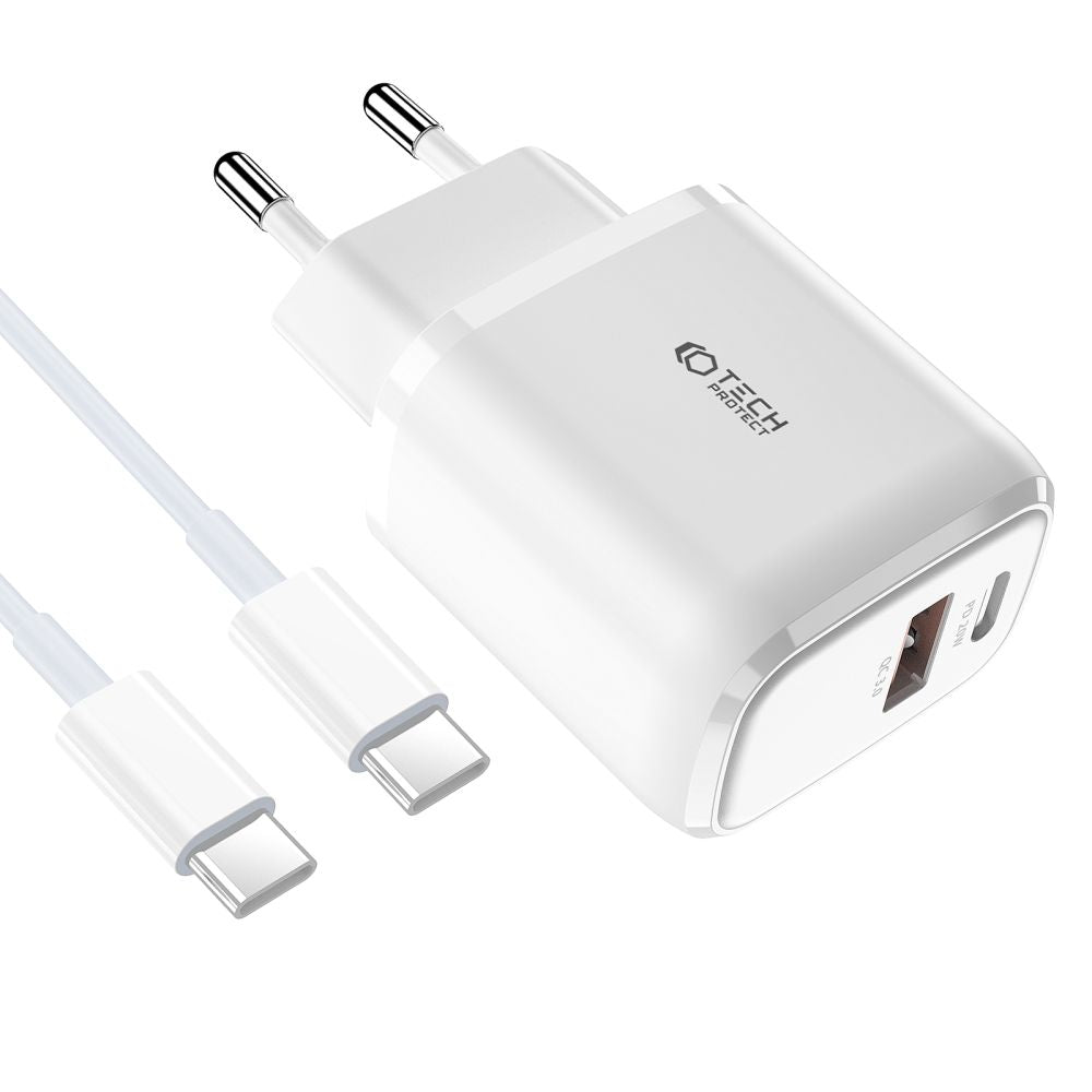 NETZLADEGERÄT FÜR HANDY UND TABLET TECH-PROTECT C20W 2-PORT NETZLADEGERÄT PD20W/QC3.0 + TYPE-C KABEL WEISS