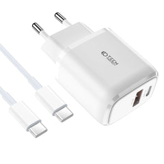 NETZLADEGERÄT FÜR HANDY UND TABLET TECH-PROTECT C20W 2-PORT NETZLADEGERÄT PD20W/QC3.0 + TYPE-C KABEL WEISS