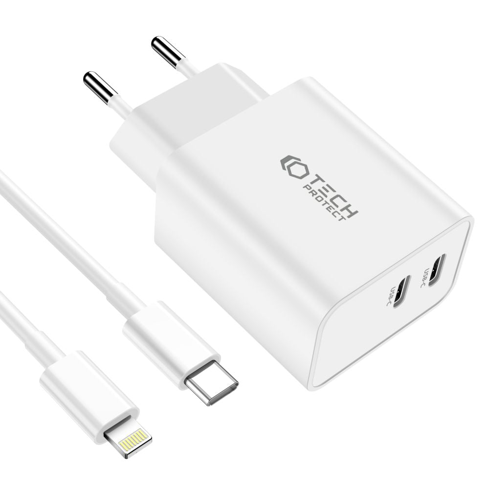 NETZLADEGERÄT FÜR HANDY UND TABLET TECH-PROTECT C35W 2-PORT NETZLADEGERÄT PD35W + LIGHTNING-KABEL WEISS