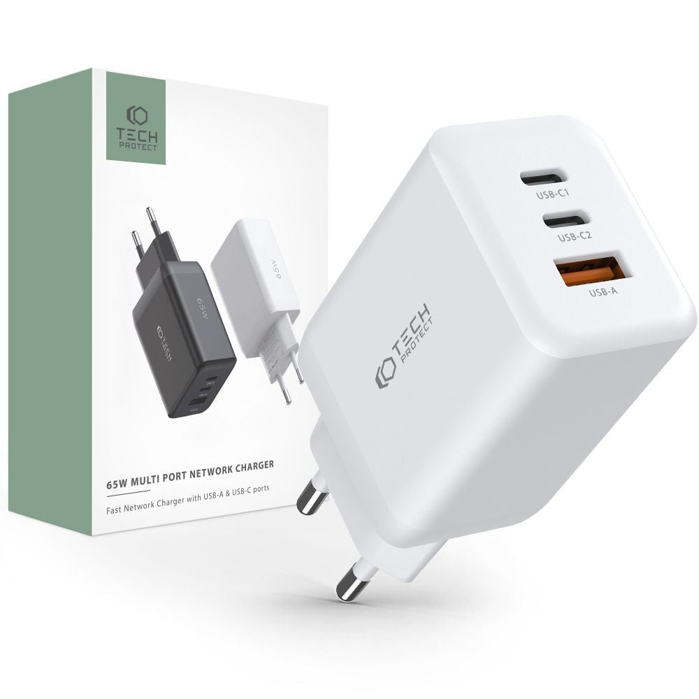 NETZLADEGERÄT FÜR HANDY UND TABLET TECH-PROTECT C65W 3-PORT NETZLADEGERÄT PD65W/QC3.0 WEISS