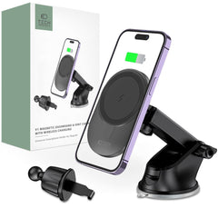 HANDYHALTERUNG FÜR DAS AUTO MIT DRAHTLOSEM LADEN TECH-PROTECT MM15W-V1 MAGNETISCHER MAGSAFE ARMATUREN- UND BELÜFTUNGSHALTER DRAHTLOSER LADEN 15W SCHWARZ