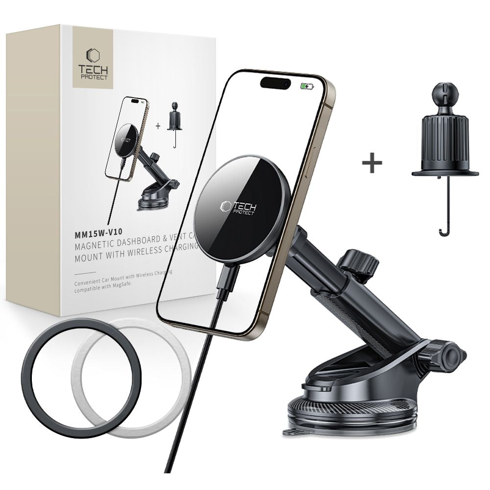 TECH-PROTECT MM15W-V10 MAGNETISCHER MAGSAFE ARMATUREN- UND BELÜFTUNGSAUTOHALTER WIRELESS CHARGER 15W SCHWARZ
