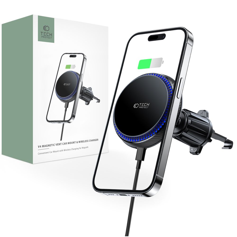 HANDYHALTERUNG FÜR DAS AUTO MIT DRAHTLOSEM LADEN TECH-PROTECT MM15W-V4 MAGNETISCHER MAGSAFE BELÜFTUNGS-AUTOHALTER WIRELESS CHARGER 15W SCHWARZ