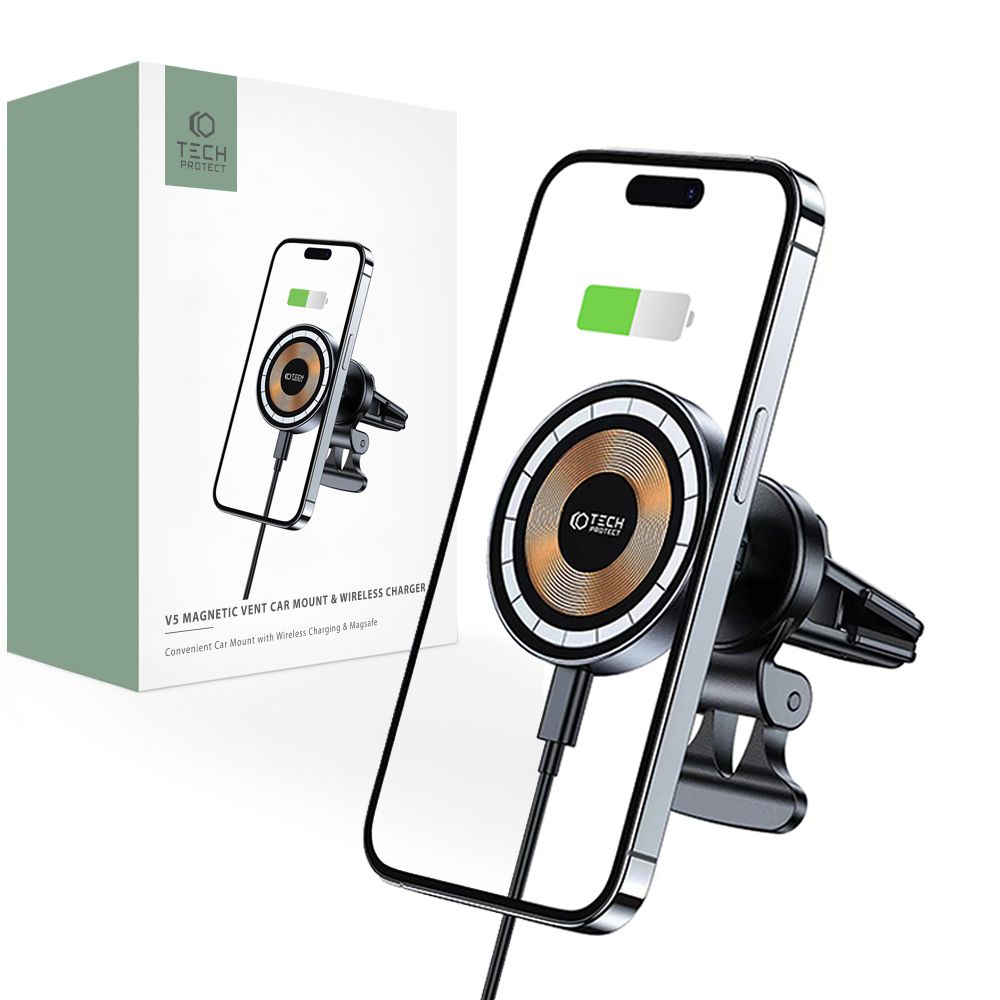 HANDYHALTERUNG FÜR DAS AUTO MIT DRAHTLOSEM LADEN TECH-PROTECT MM15W-V5 MAGNETISCHER MAGSAFE BELÜFTUNGS-AUTOHALTER DRAHTLOSER LADEN 15W SCHWARZ