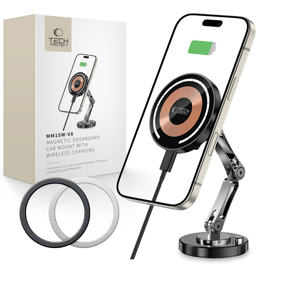 HANDYHALTERUNG FÜR DAS AUTO MIT DRAHTLOSEM LADEN TECH-PROTECT MM15W-V8 MAGNETISCHER MAGSAFE ARMATURENHALTER WIRELESS CHARGER 15W SCHWARZ