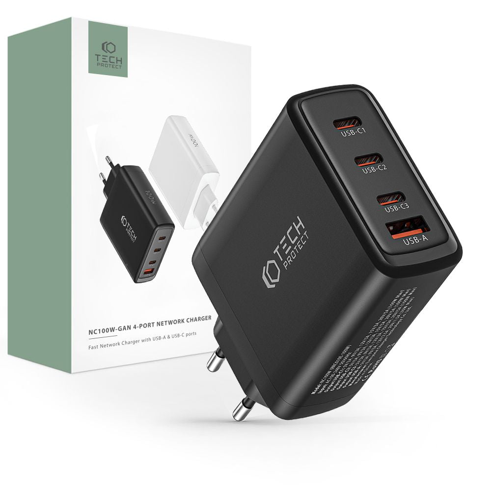 NETZLADEGERÄT FÜR HANDY UND TABLET TECH-PROTECT NC100W-GAN 4-PORT NETZLADEGERÄT PD100W/QC3.0 SCHWARZ