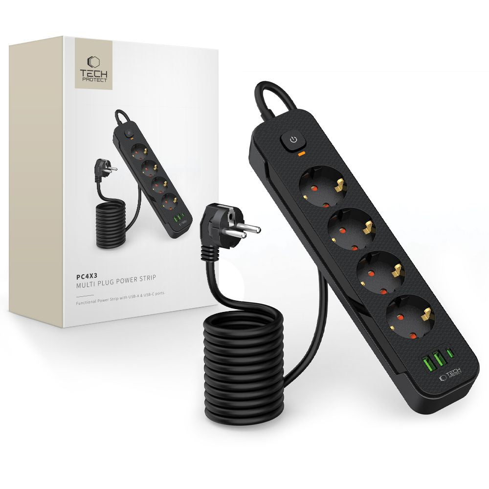 TECH-PROTECT PCL4X3 POWER SOCKET LANG 2 USB & 1 TYPE-C & 4 STECKDOSE 200CM SCHWARZ