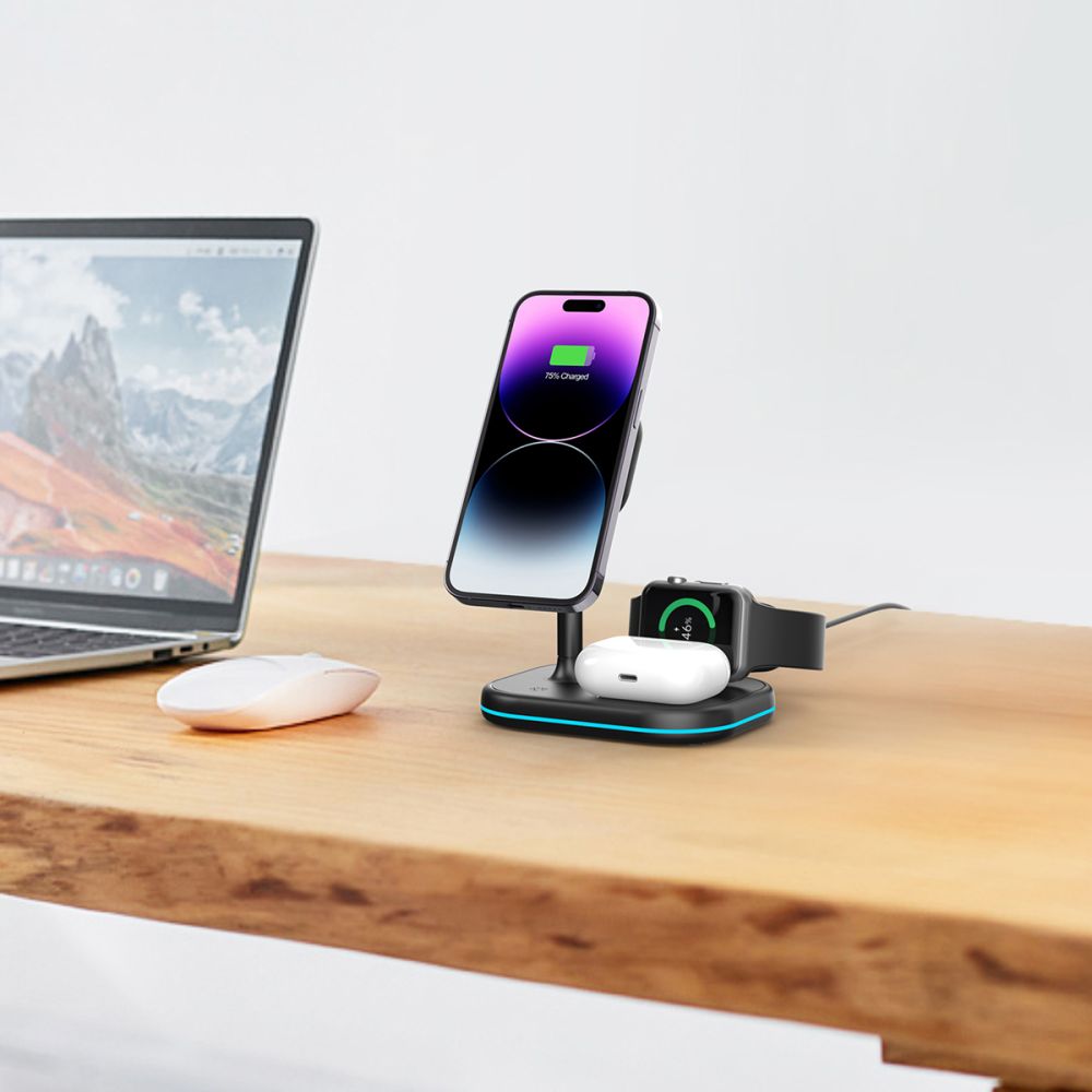 DRAHTLOSES LADEN 3IN1 QI15W-A27 MAGNETISCHER MAGSAFE WIRELESS CHARGER SCHWARZ