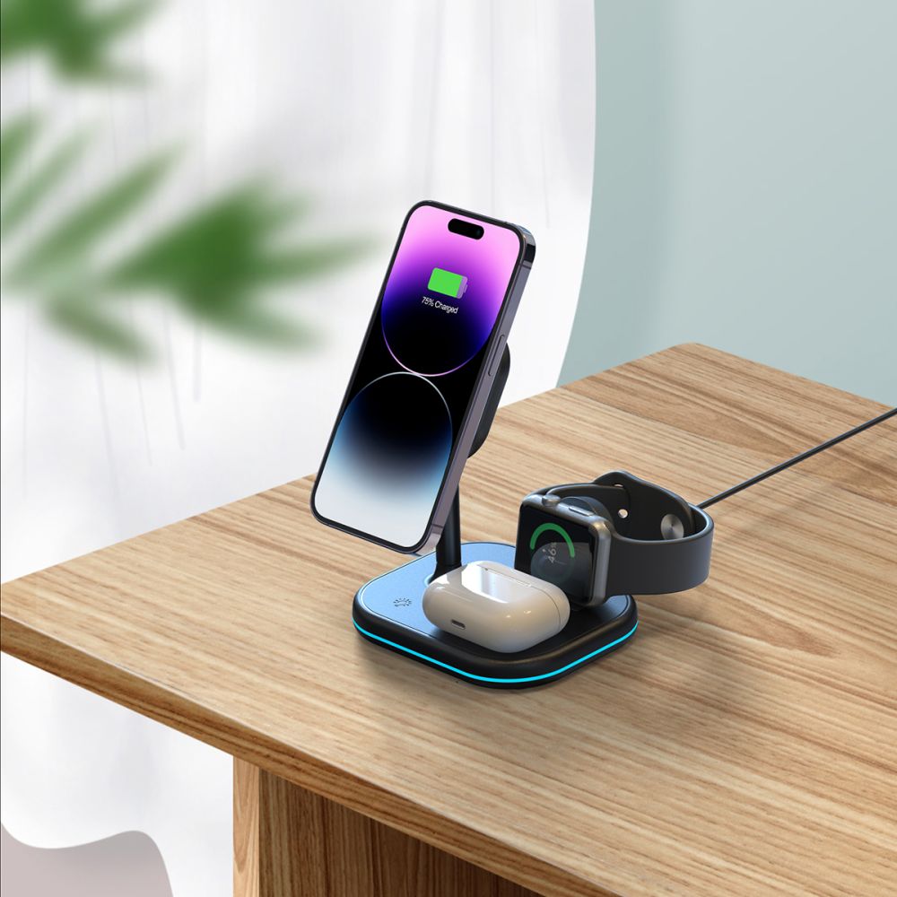 DRAHTLOSES LADEN 3IN1 QI15W-A27 MAGNETISCHER MAGSAFE WIRELESS CHARGER SCHWARZ