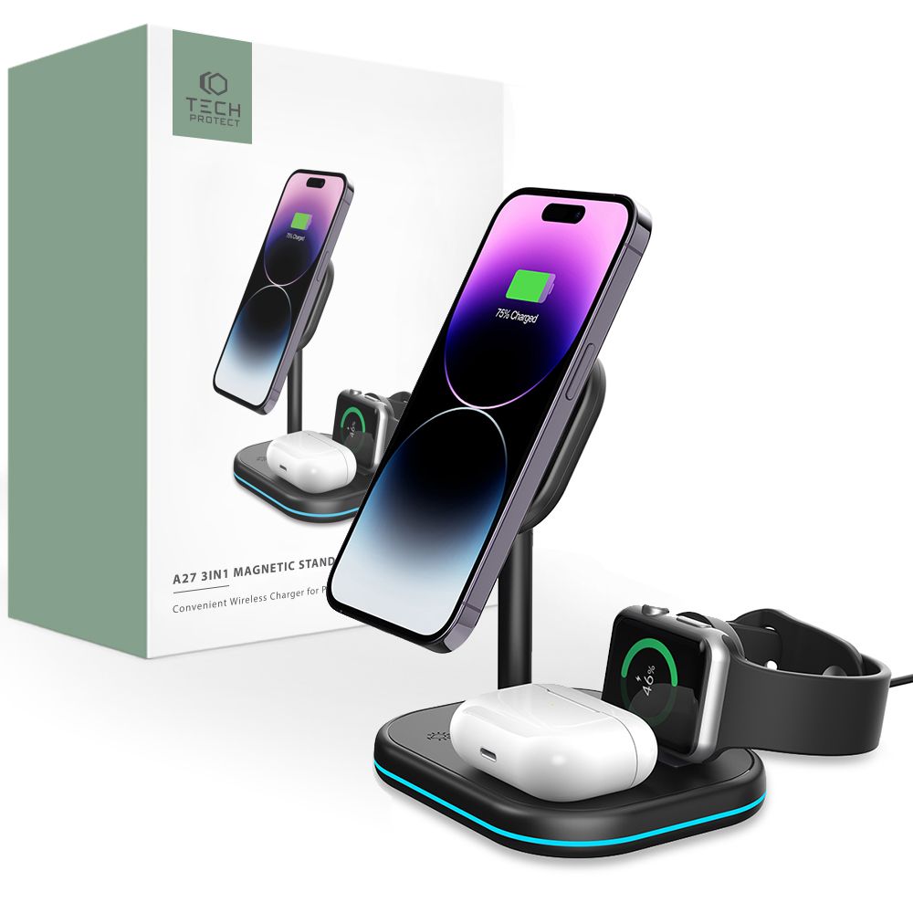 DRAHTLOSES LADEN 3IN1 QI15W-A27 MAGNETISCHER MAGSAFE WIRELESS CHARGER SCHWARZ