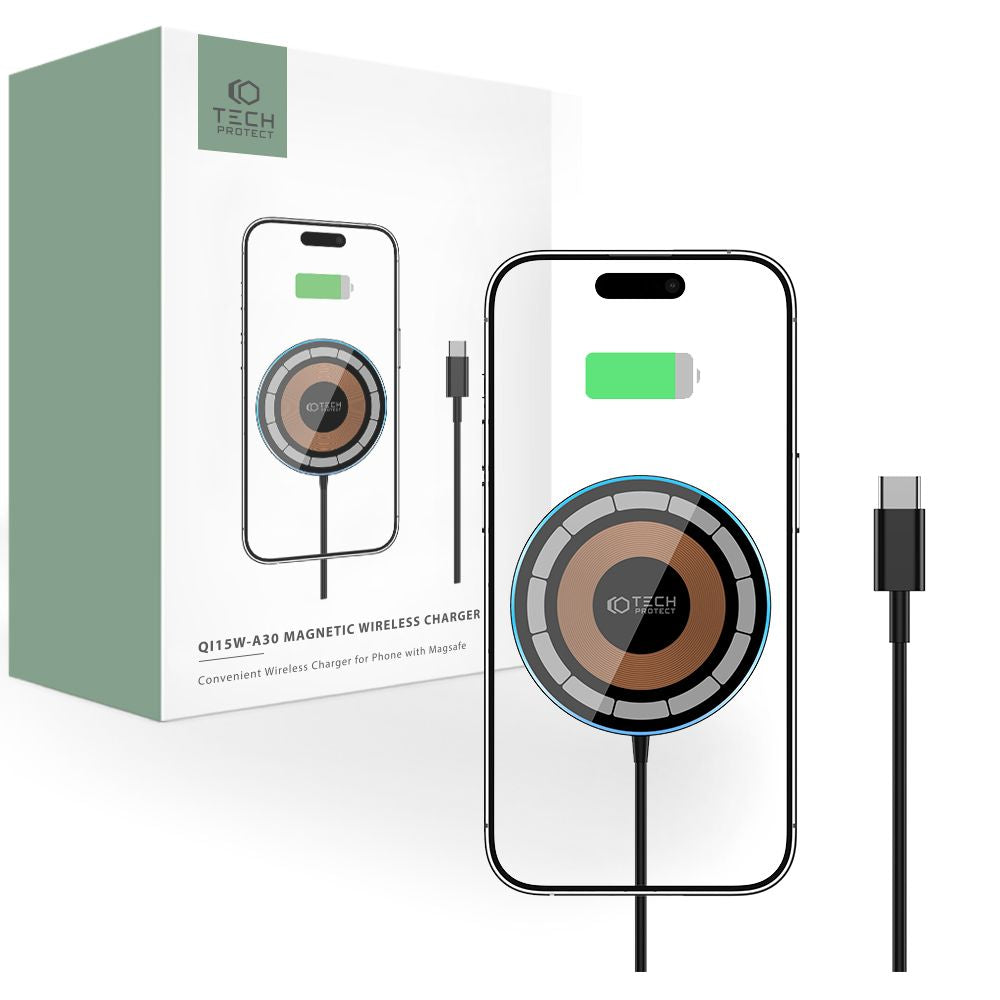 DRAHTLOSES LADEGERÄT TECH-PROTECT QI15W-A30 MAGNETISCHER MAGSAFE WIRELESS CHARGER SCHWARZ