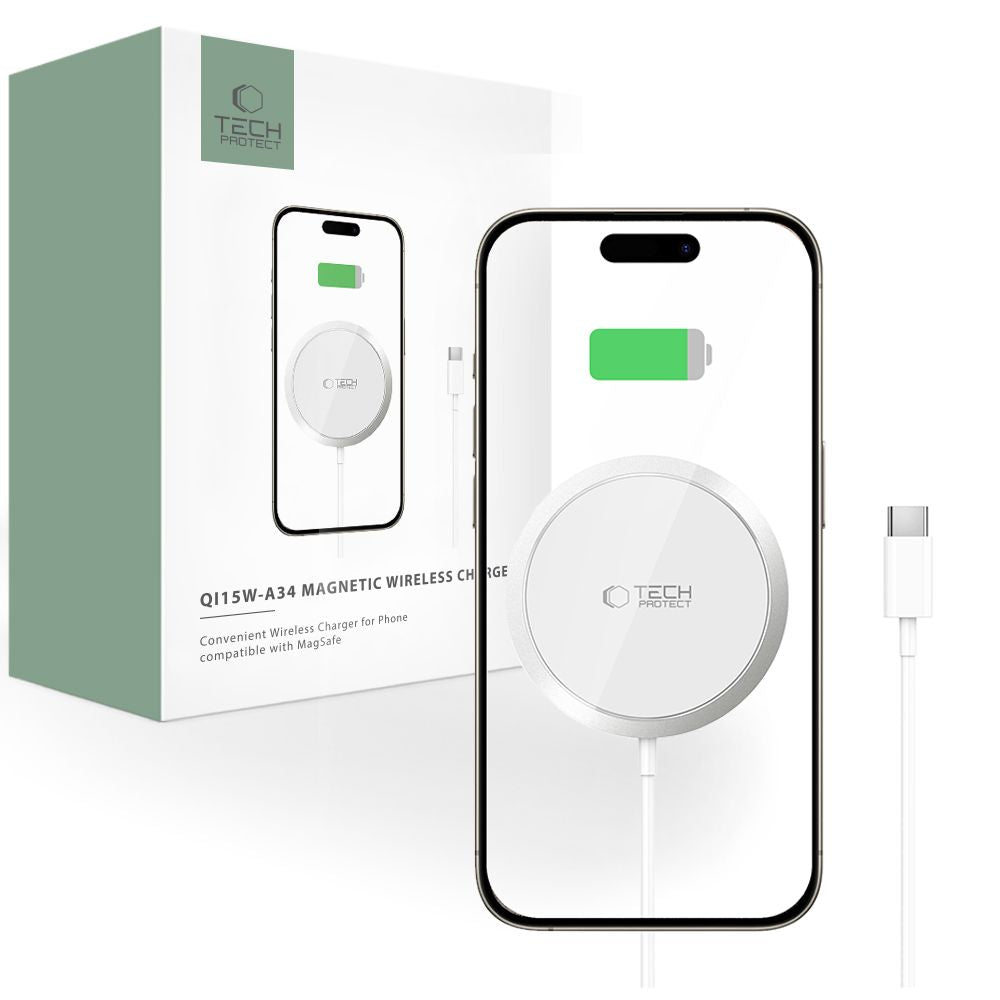 DRAHTLOSES LADEGERÄT TECH-PROTECT QI15W-A34 MAGNETISCHER MAGSAFE WIRELESS CHARGER WEISS