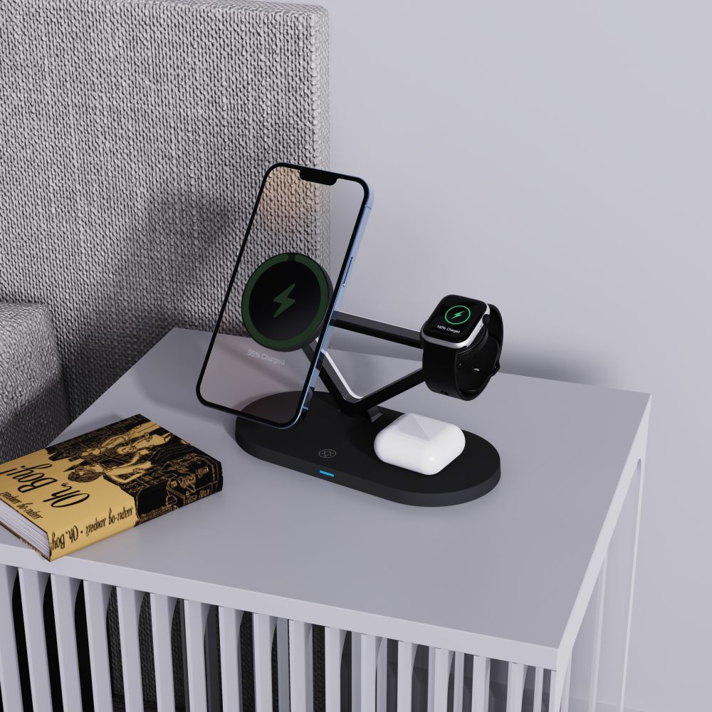 LADENSTATION TECH-PROTECT QI15W-A41 3IN1 MAGNETISCHER MAGSAFE WIRELESS CHARGER SCHWARZ