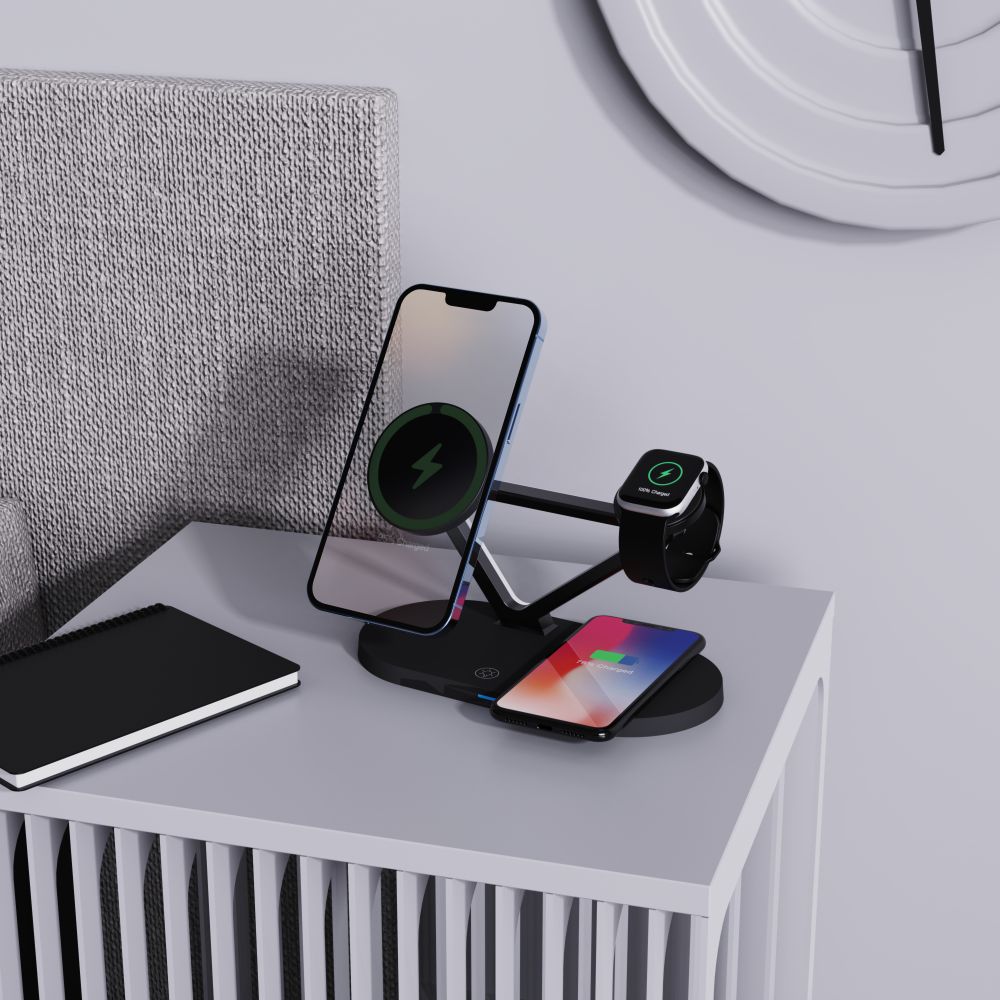 LADENSTATION TECH-PROTECT QI15W-A41 3IN1 MAGNETISCHER MAGSAFE WIRELESS CHARGER SCHWARZ