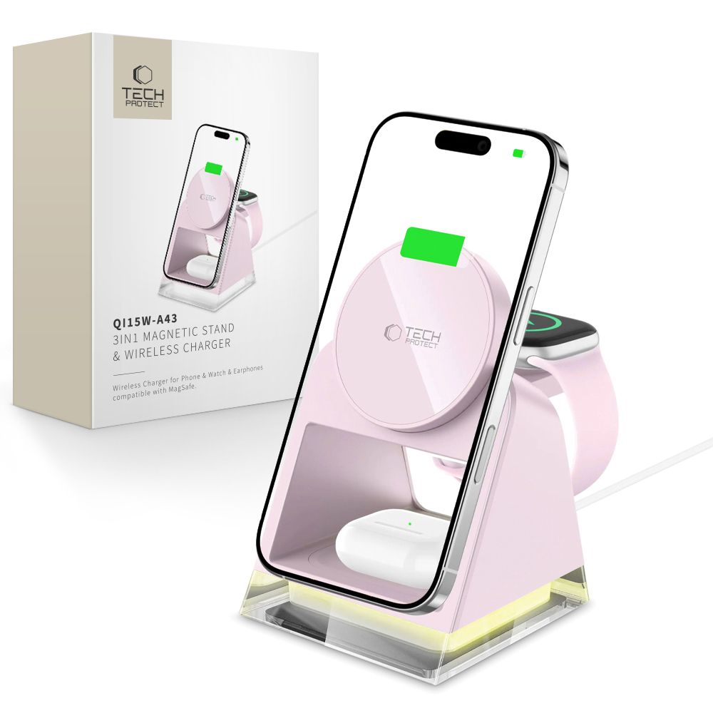 LADENDE STATION TECH-PROTECT QI15W-A43 3IN1 MAGNETISCHER MAGSAFE WIRELESS CHARGER BABY PINK