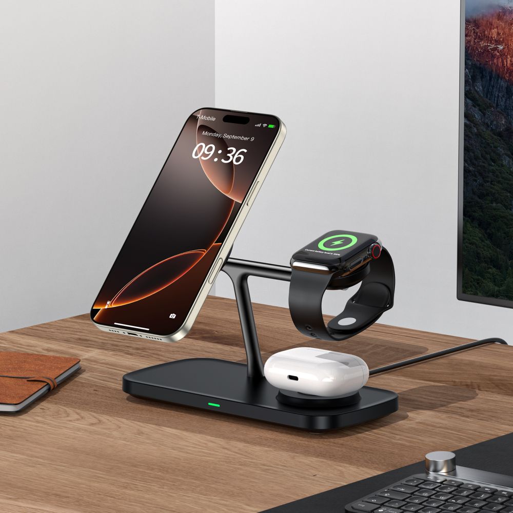 LADENSTATION TECH-PROTECT QI15W-A45 3IN1 MAGNETISCHER MAGSAFE WIRELESS CHARGER SCHWARZ
