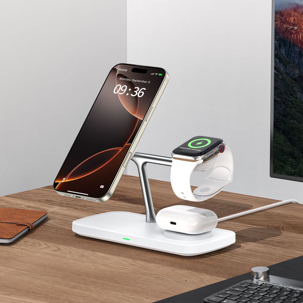 LADENDE STATION TECH-PROTECT QI15W-A45 3IN1 MAGNETISCHER MAGSAFE WIRELESS CHARGER WEISS