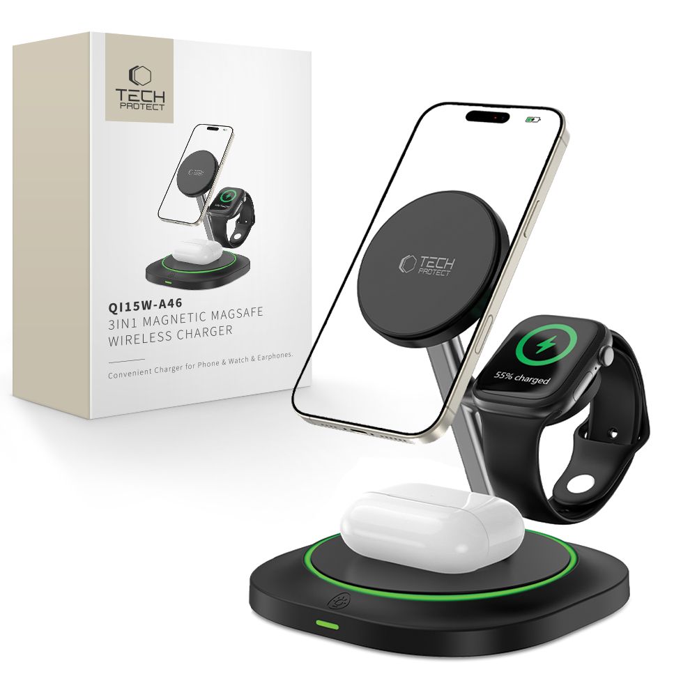 TECH-PROTECT QI15W-A46 3IN1 MAGNETISCHER MAGSAFE WIRELESS LADEGERÄT SCHWARZ