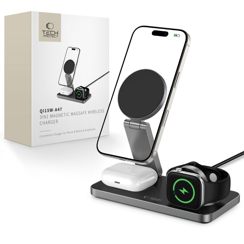 TECH-PROTECT QI15W-A47 3IN1 MAGNETISCHER MAGSAFE WIRELESS LADEGERÄT SCHWARZ